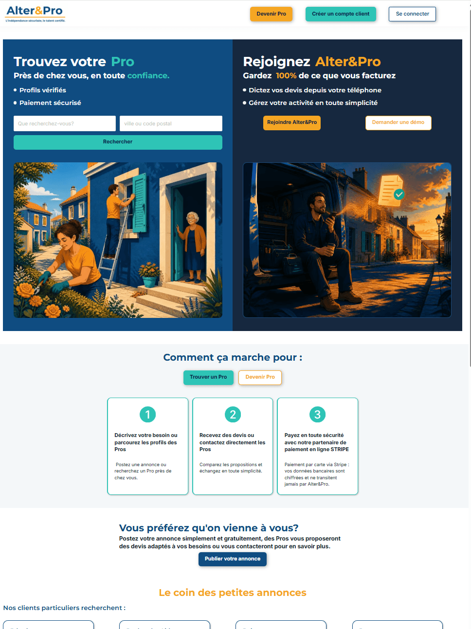 Page d'accueil de la plateforme Alter&Pro
